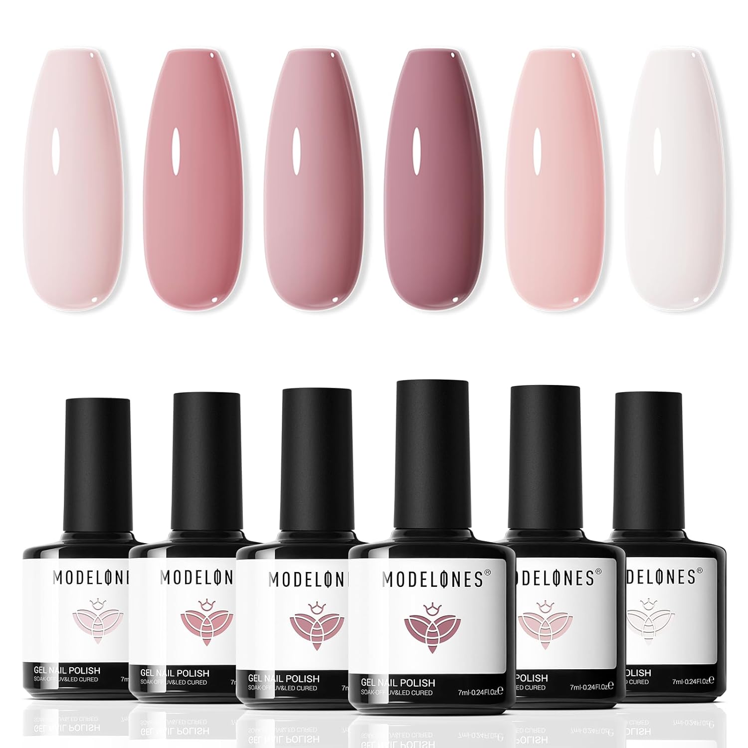 6 nude pink/neutral gel polish shades in 7 ml bottles