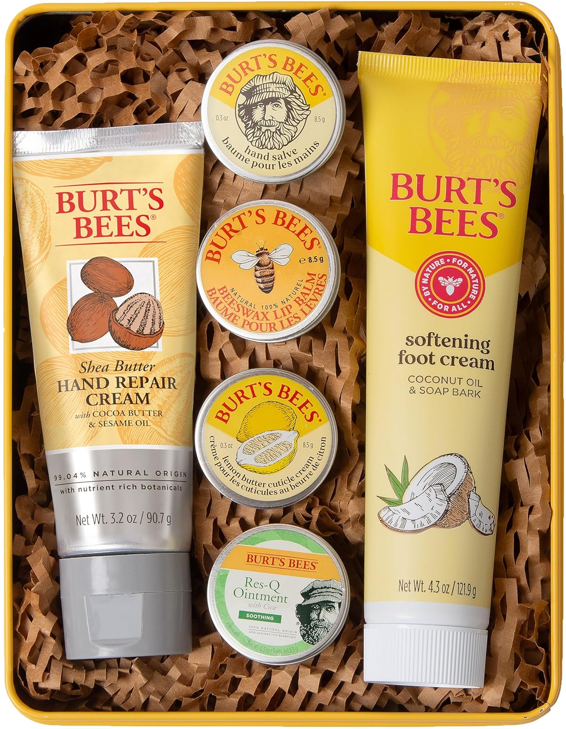 6-piece set including cuticle cream, hand salve, lip balm, res-q ointment, hand repair cream, and foot cream in a giftable tin