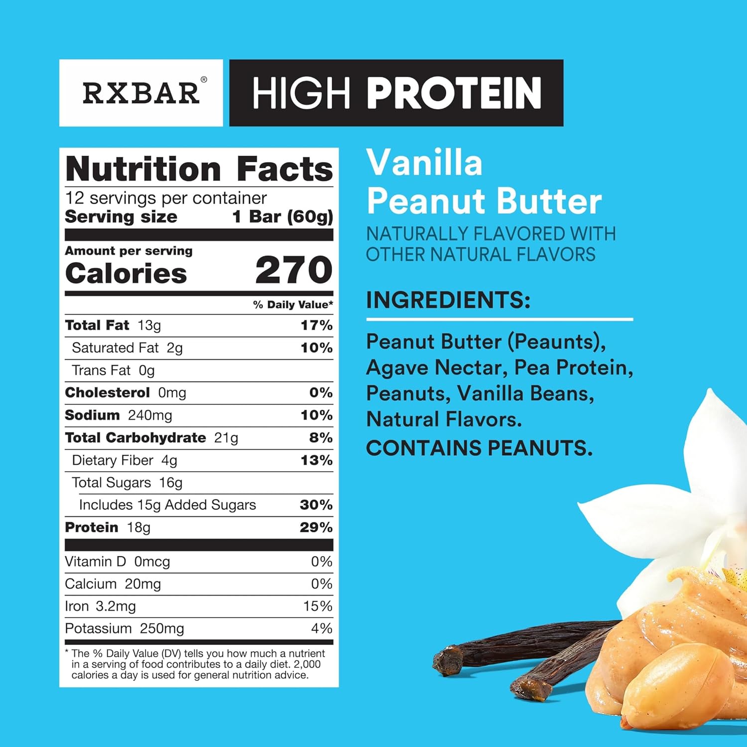 6 simple ingredients: peanut butter, agave nectar, pea protein, peanuts, vanilla, natural flavors
