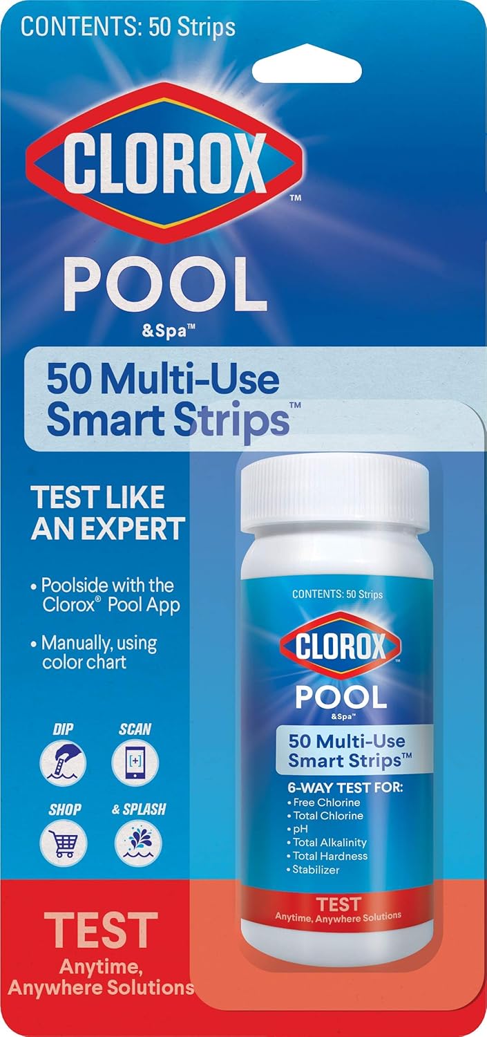 6-way multi-parameter test strips testing total hardness, total chlorine, free chlorine, ph, total alkalinity, and stabilizer