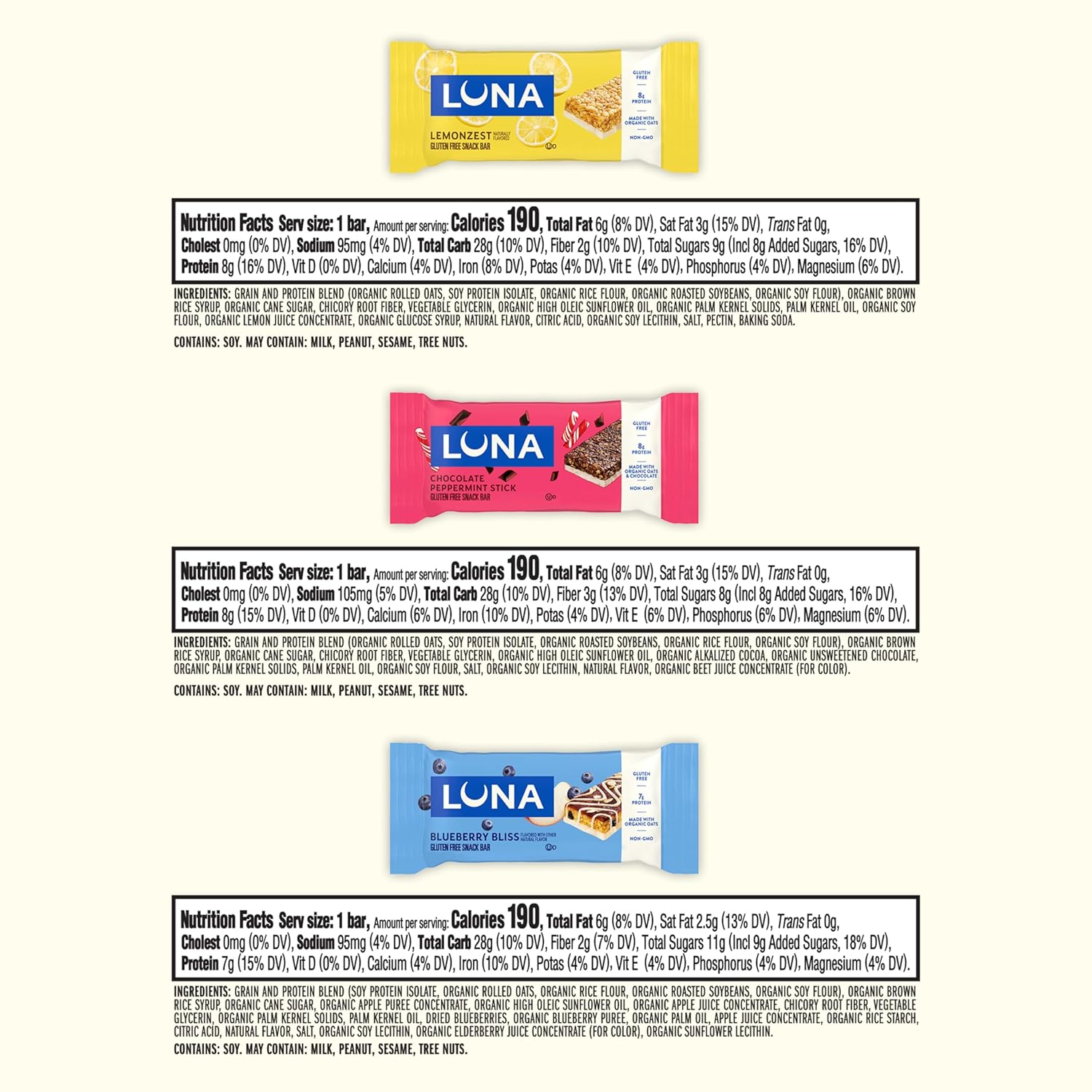 7-9 grams of plant-based protein per bar from soy protein isolate and roasted soybeans