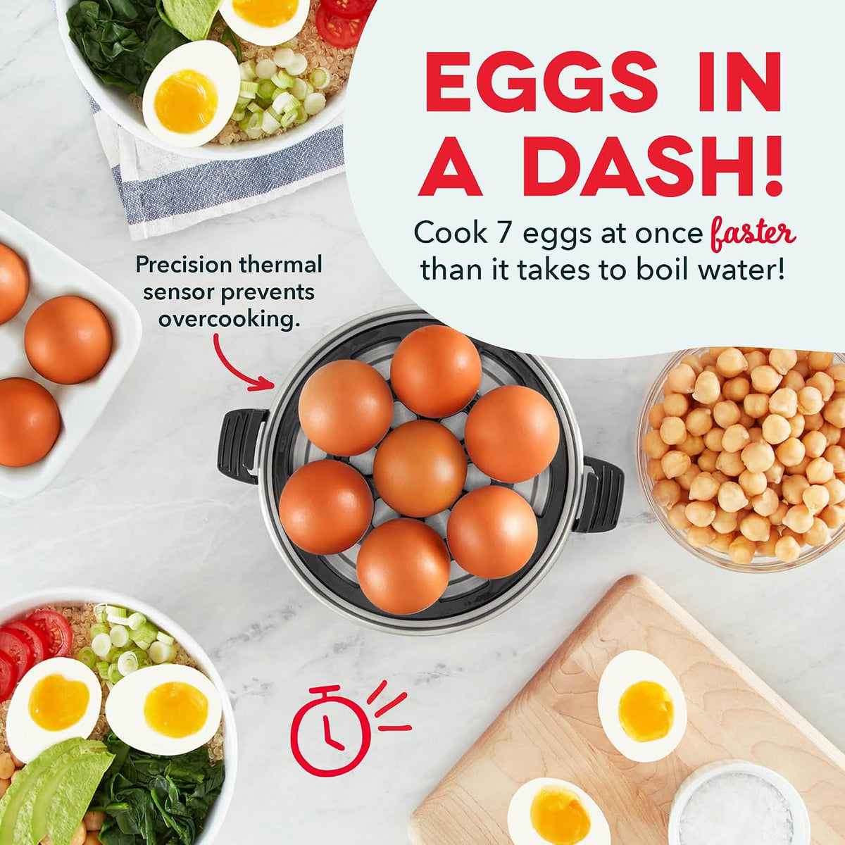 7-egg capacity (6-egg version also available) with poaching tray and omelet bowl included