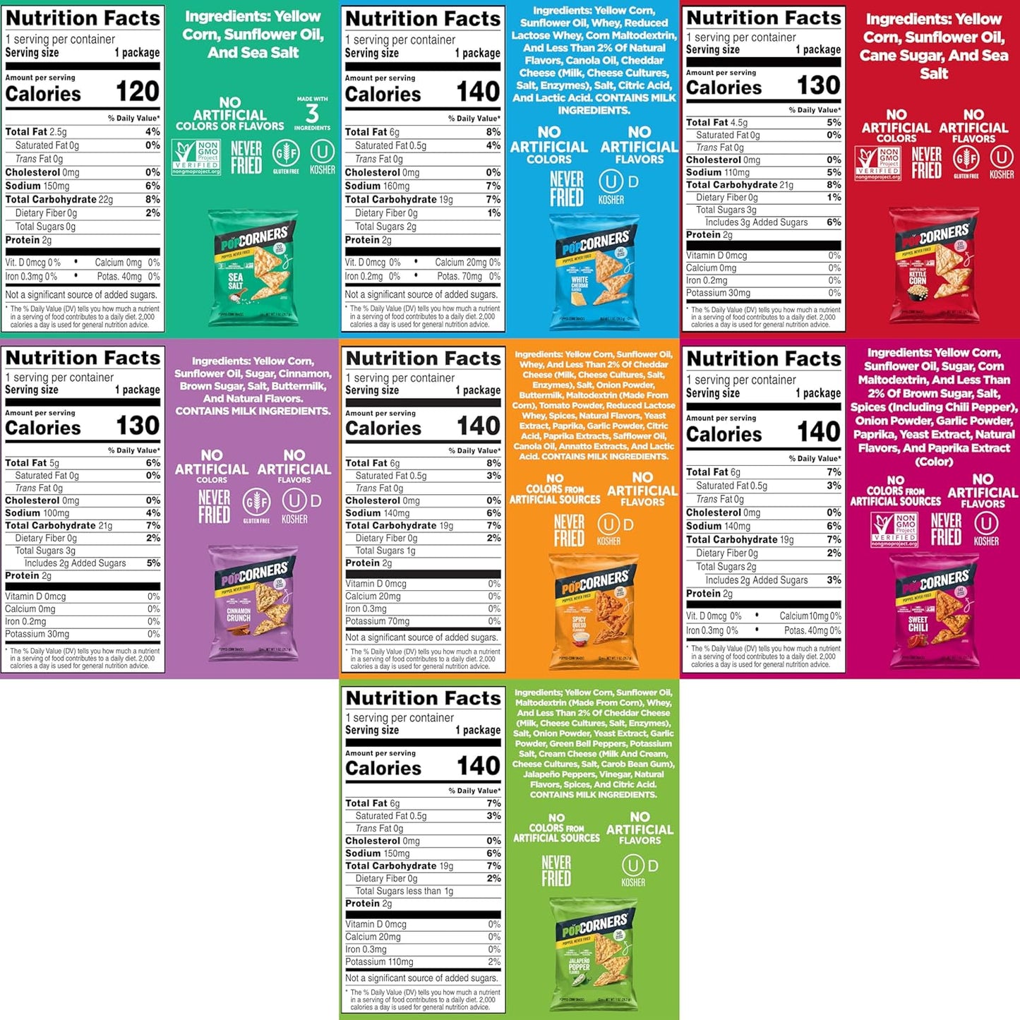 7-flavor variety pack: white cheddar, kettle corn, sea salt, jalapeño popper, spicy queso, sweet chili, cinnamon crunch