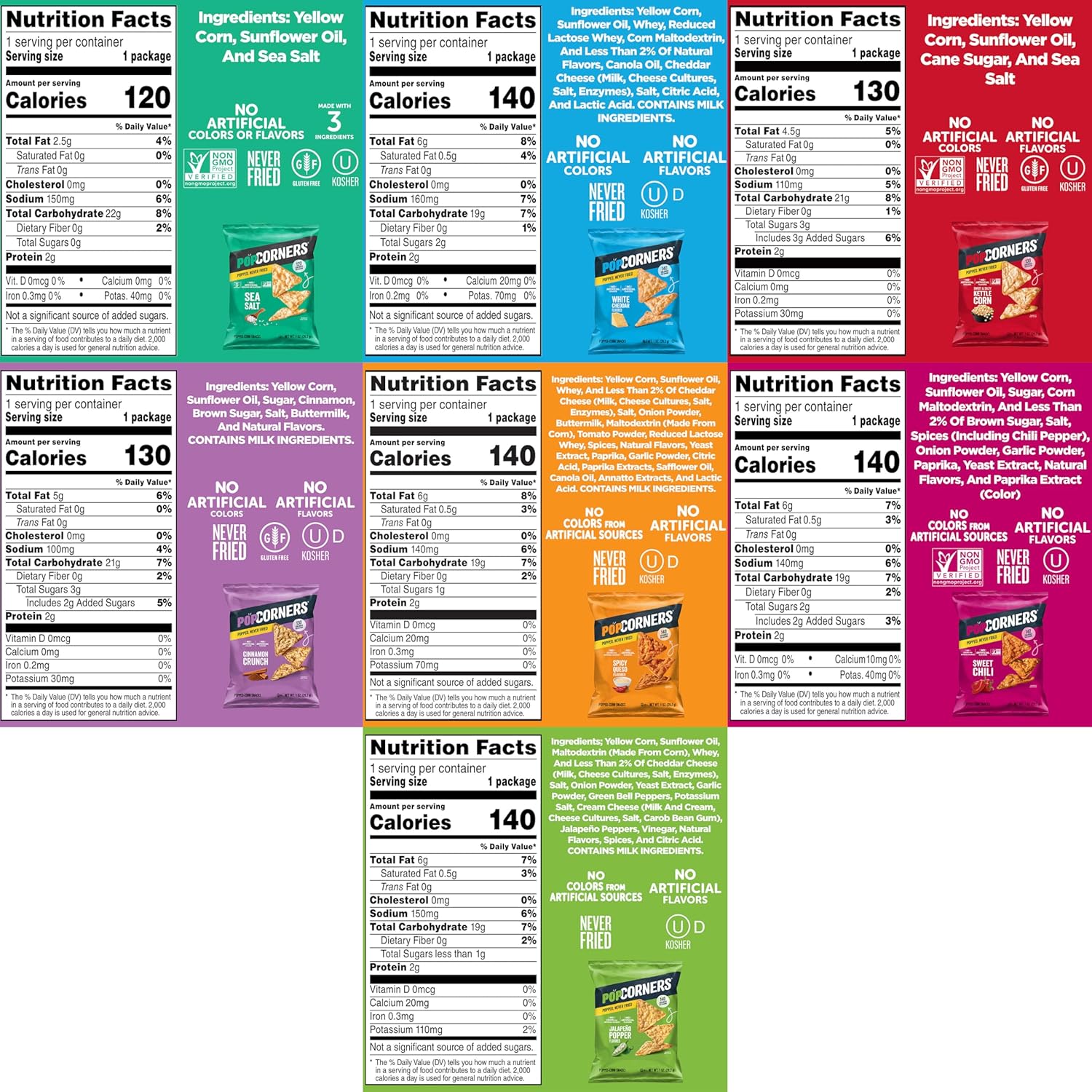 7-flavor variety pack: white cheddar, kettle corn, sea salt, jalapeño popper, spicy queso, sweet chili, cinnamon crunch