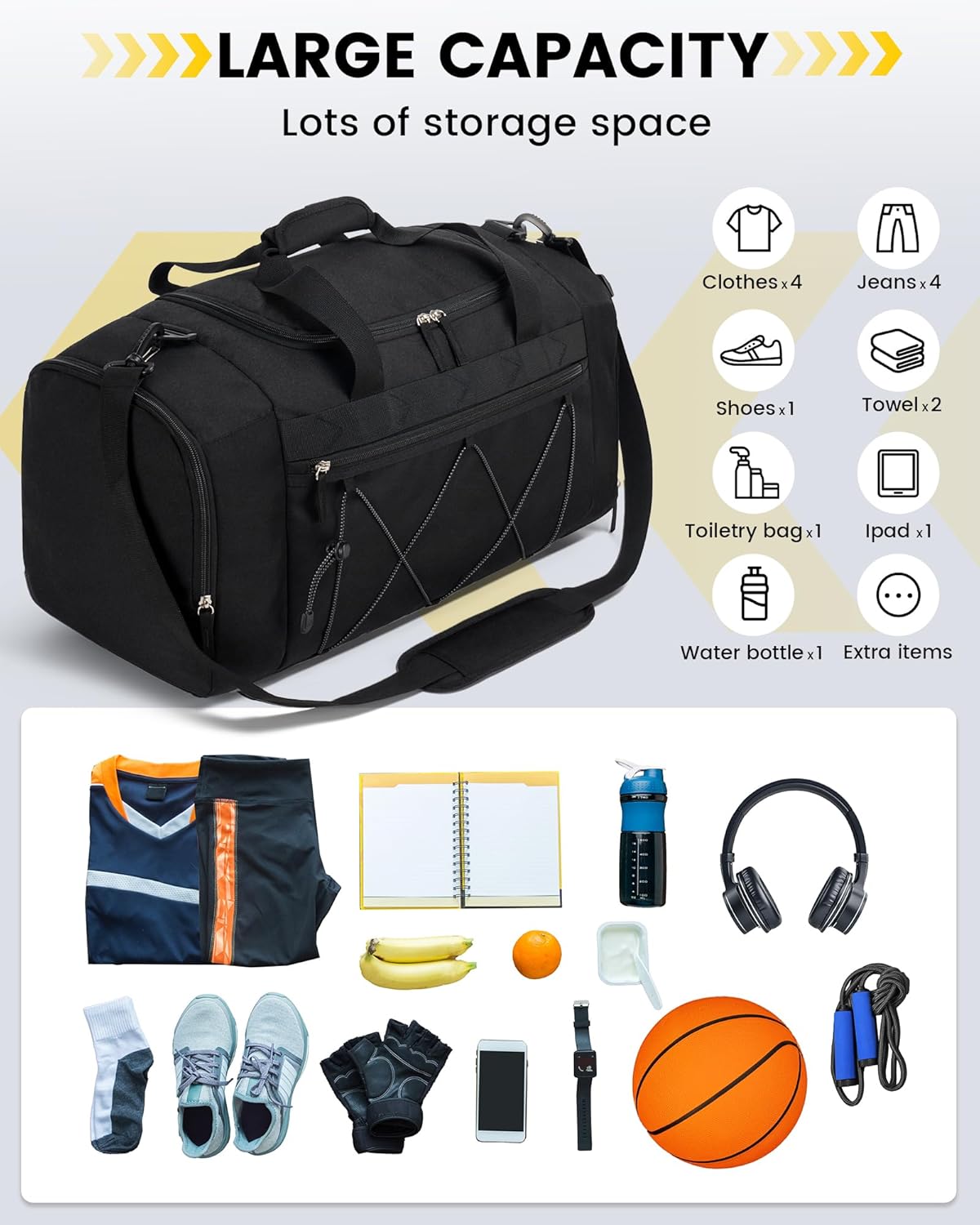 7 total pockets including 2 mesh, 1 side zip, 1 front zip, and main compartment