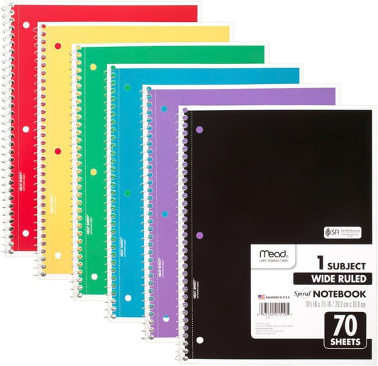 70 wide-ruled, double-sided sheets per notebook for ample writing space