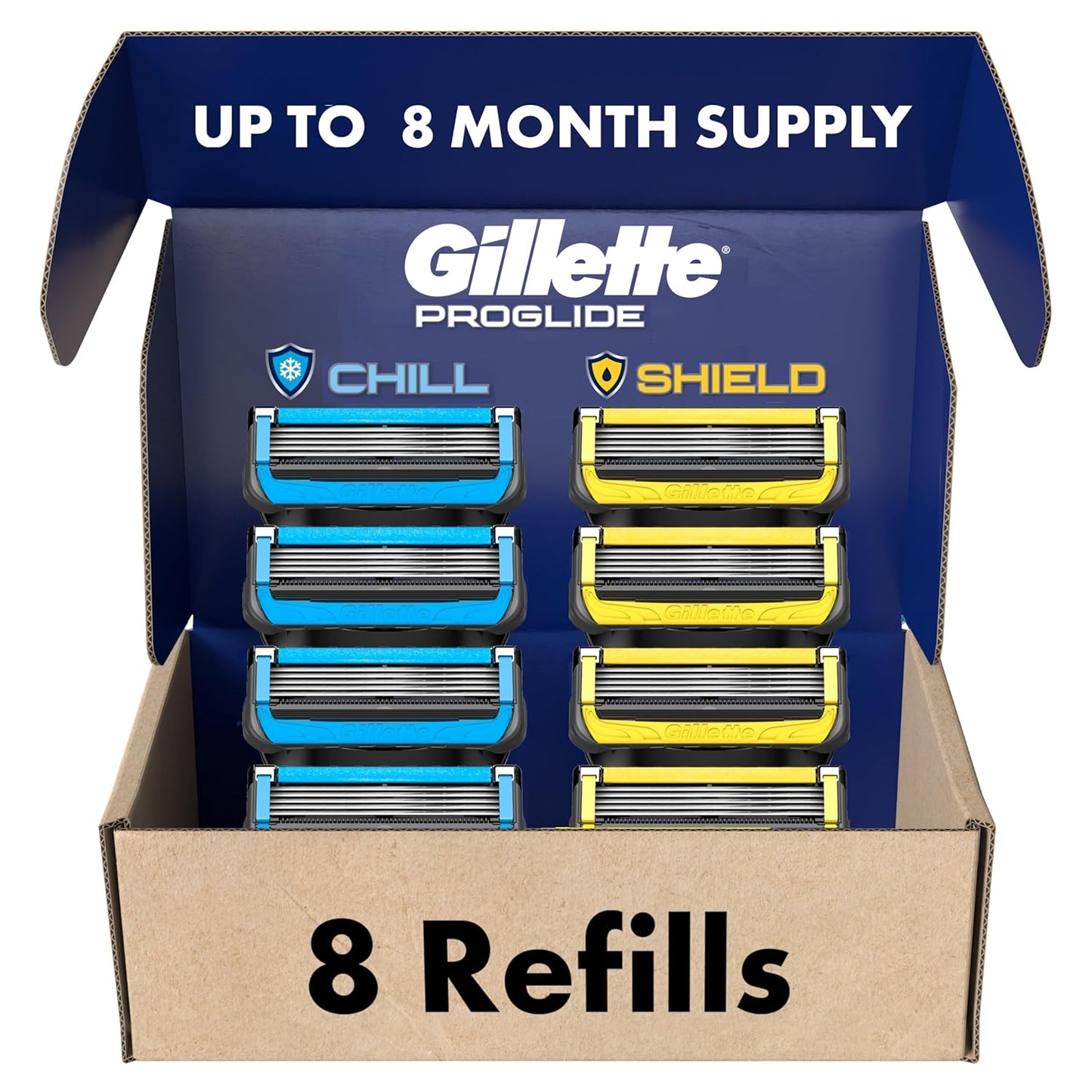 8-count variety pack containing 4 proglide chill refills and 4 proglide shield refills