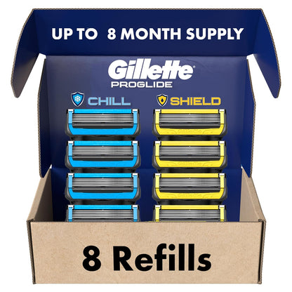 8-count variety pack containing 4 proglide chill refills and 4 proglide shield refills