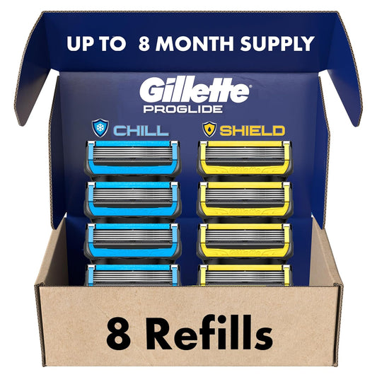 8-count variety pack containing 4 proglide chill refills and 4 proglide shield refills
