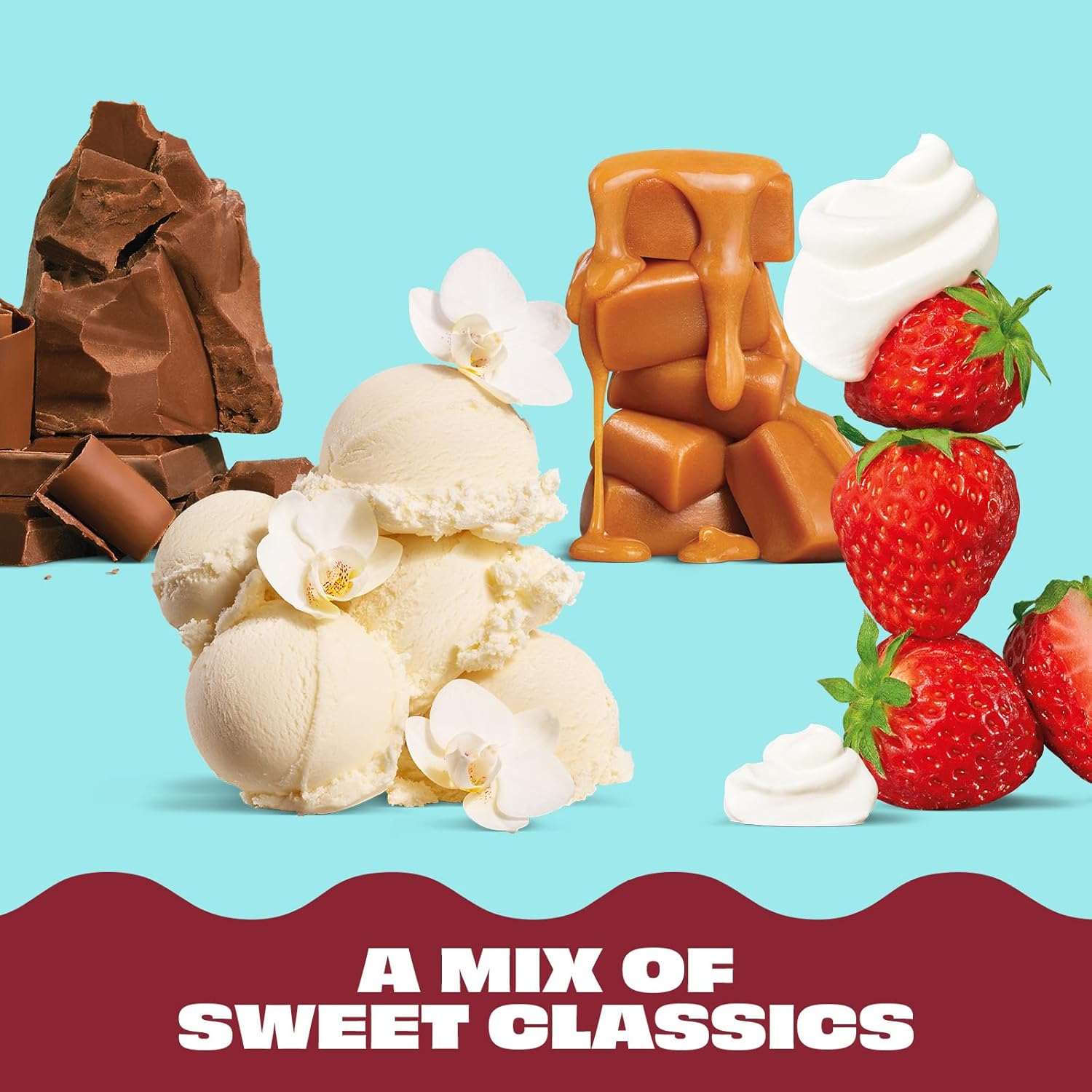 8-flavor variety pack (chocolate, vanilla, café latte, strawberries & cream, caramel, cookies & cream, bananas & cream, peaches & cream)