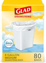 Glad Medium Trash Bags with Febreze Fresh Clean – Calming Scent for Bathroom and Bedroom Self-Care Routines, 8 Gallon Drawstring, 80 Count
