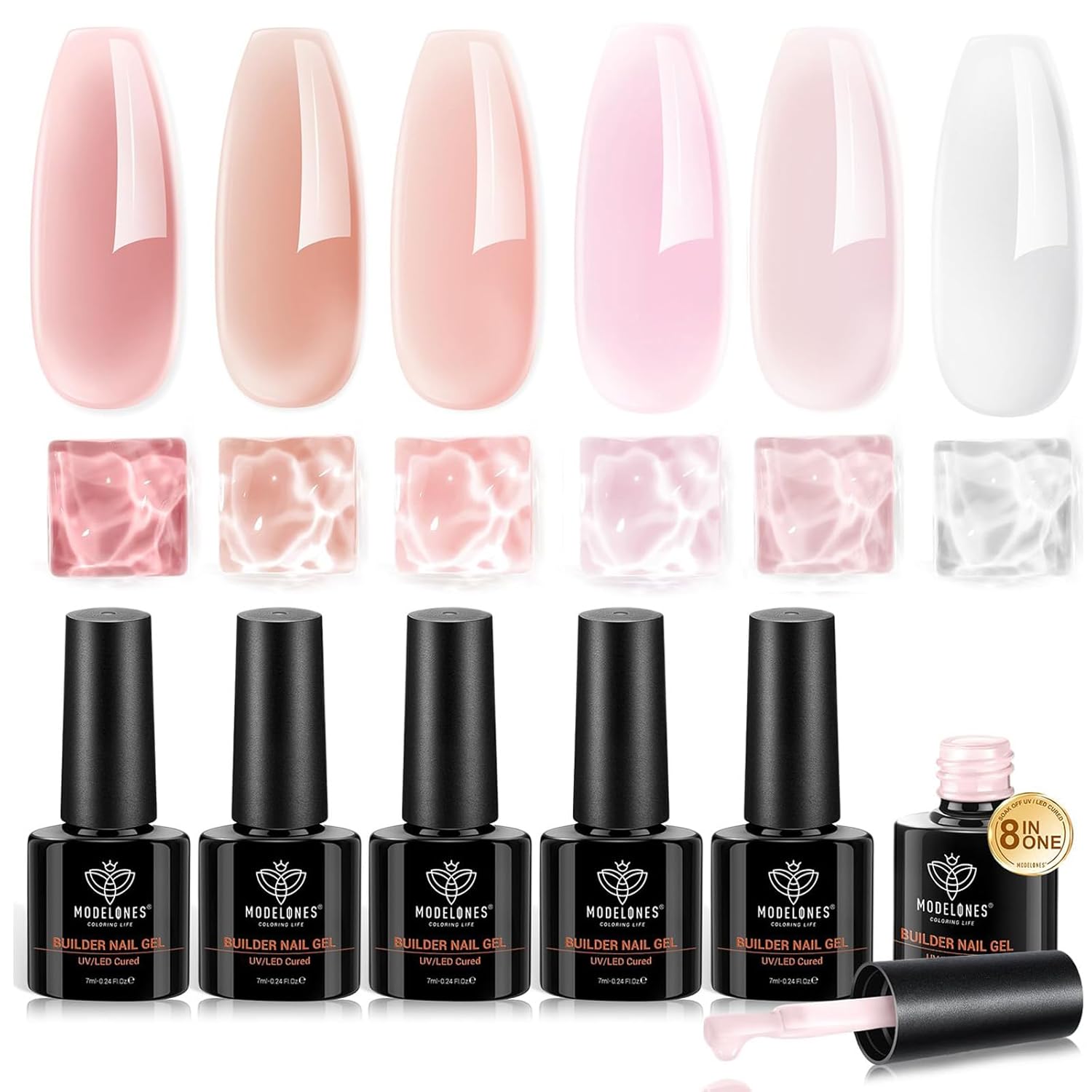 8-in-1 builder gel function (base coat, color gel, apex builder, strengthening overlay, length extender, shaper, tip/gem adhesive)