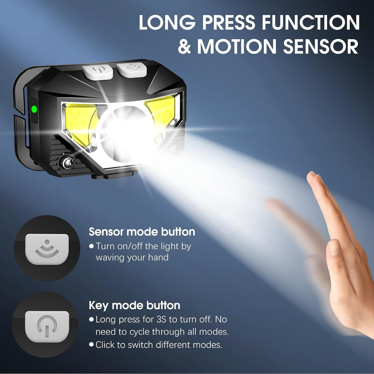 8 lighting modes including main strong, main weak, side strong, side weak, red beam, and sos red strobe