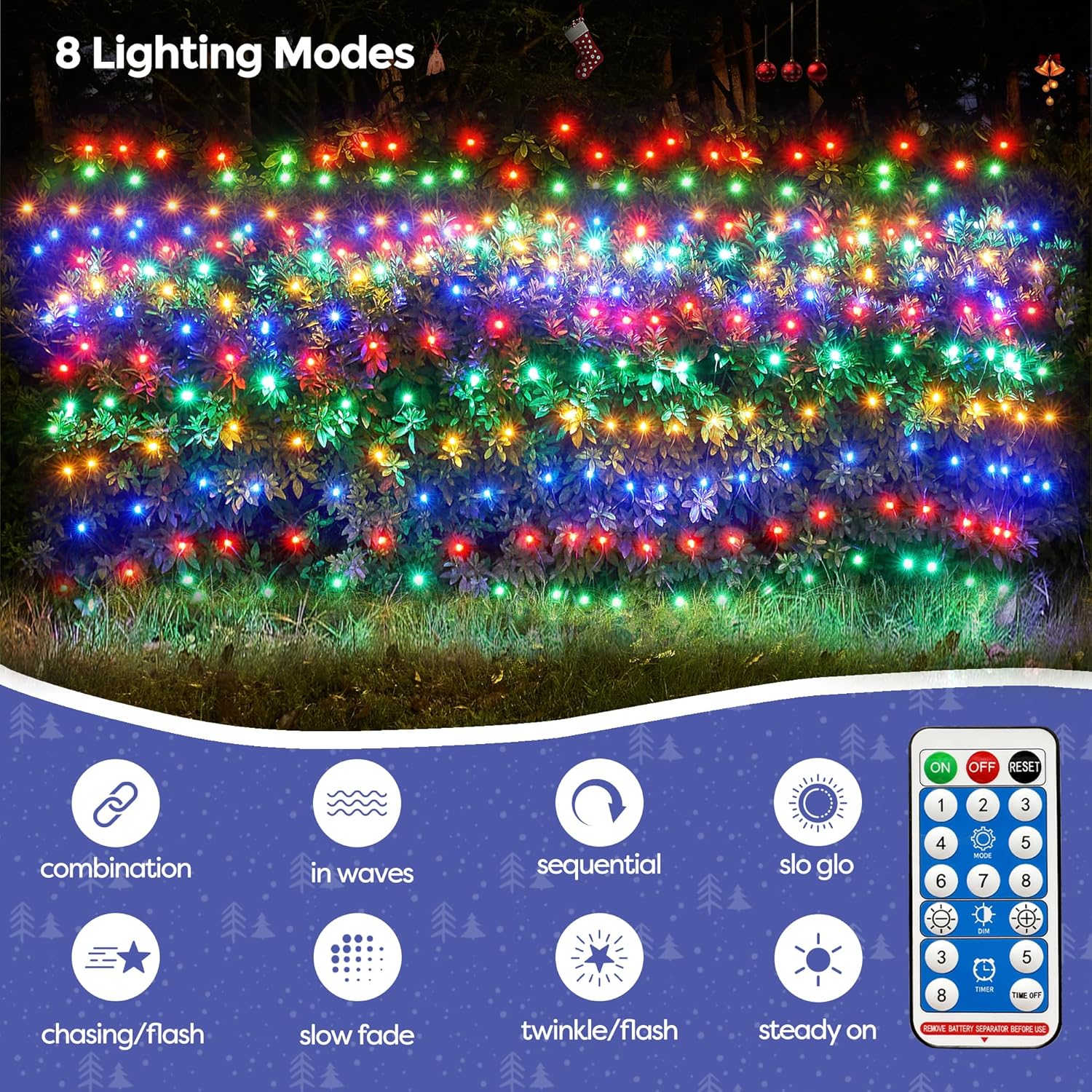 8 lighting modes including steady-on, twinkle, fade, and chasing patterns