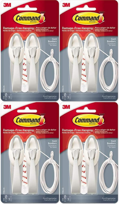 8 white cord bundlers with low-profile neutral design that blends with walls