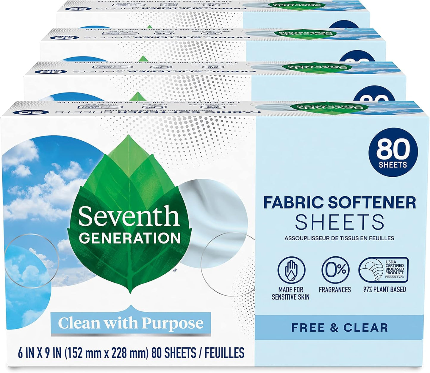 80 dryer sheets per box, available in pack of 4 (320 total) or pack of 8 (640 total)