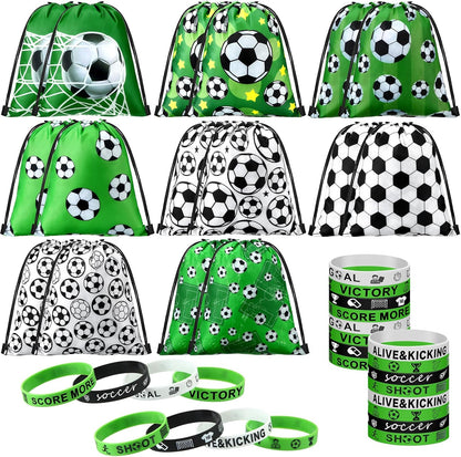 32-piece bundle: 16 drawstring bags (8 styles, 2 each) + 16 silicone wristbands (4 designs, 4 each)
