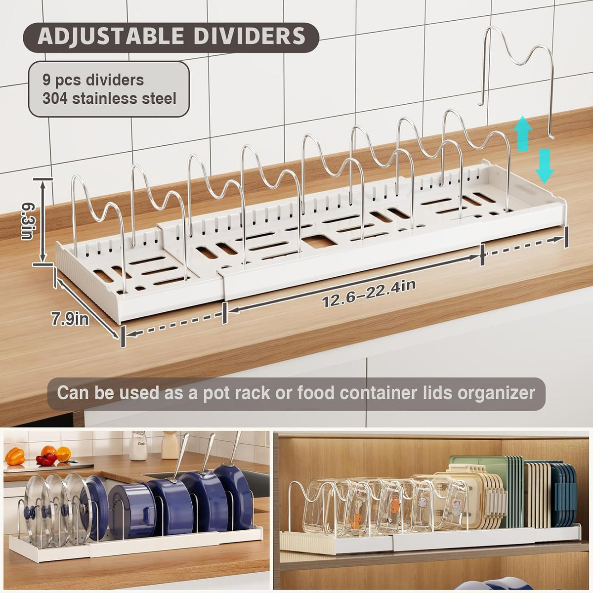 9 adjustable stainless steel dividers for customizable compartment widths