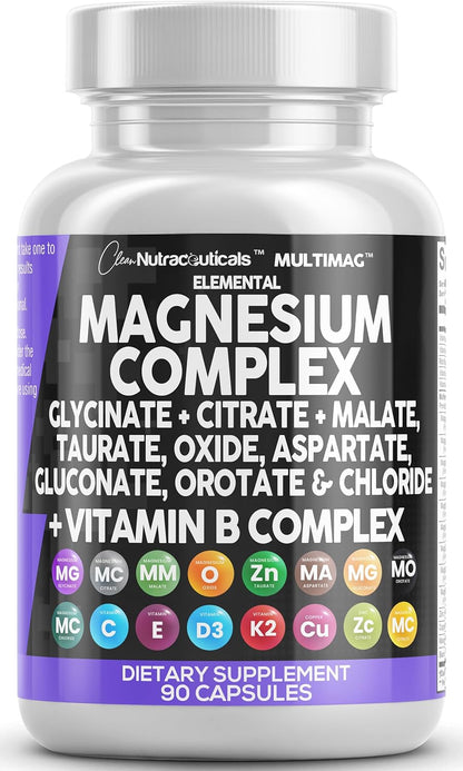 9 forms of magnesium blended in one formula: glycinate chelate, citrate, malate, oxide, taurate, aspartate, gluconate, orotate, and chloride