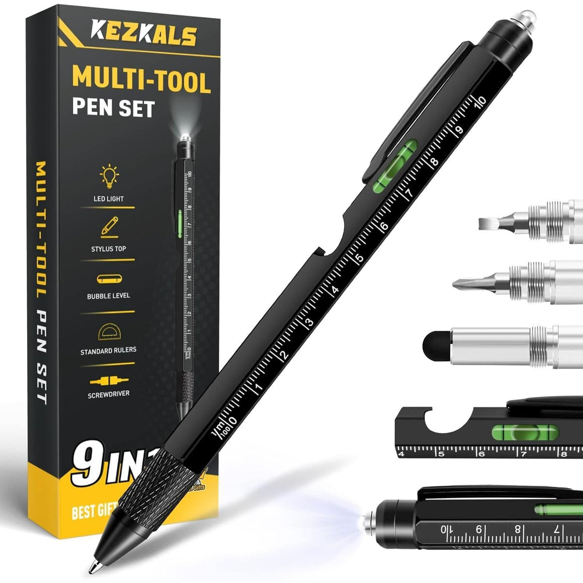 9-in-1 integrated tools: led flashlight, precision ruler, bubble level, bottle opener, stylus, ballpoint pen, two-head screwdriver, and 2 additional functions