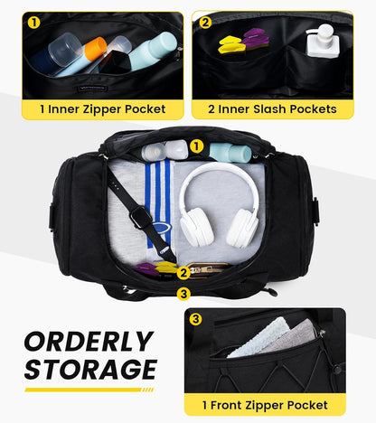 9 total pockets: main, 2 internal slash pockets, 1 internal zip pocket, front zip pocket, towel zip pocket, 2 side mesh bottle pockets