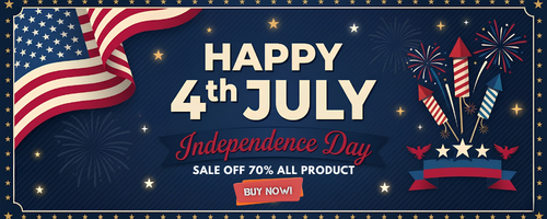 Promotional banner for Independence Day with American flag, fireworks, and sale text on a dark blue background.