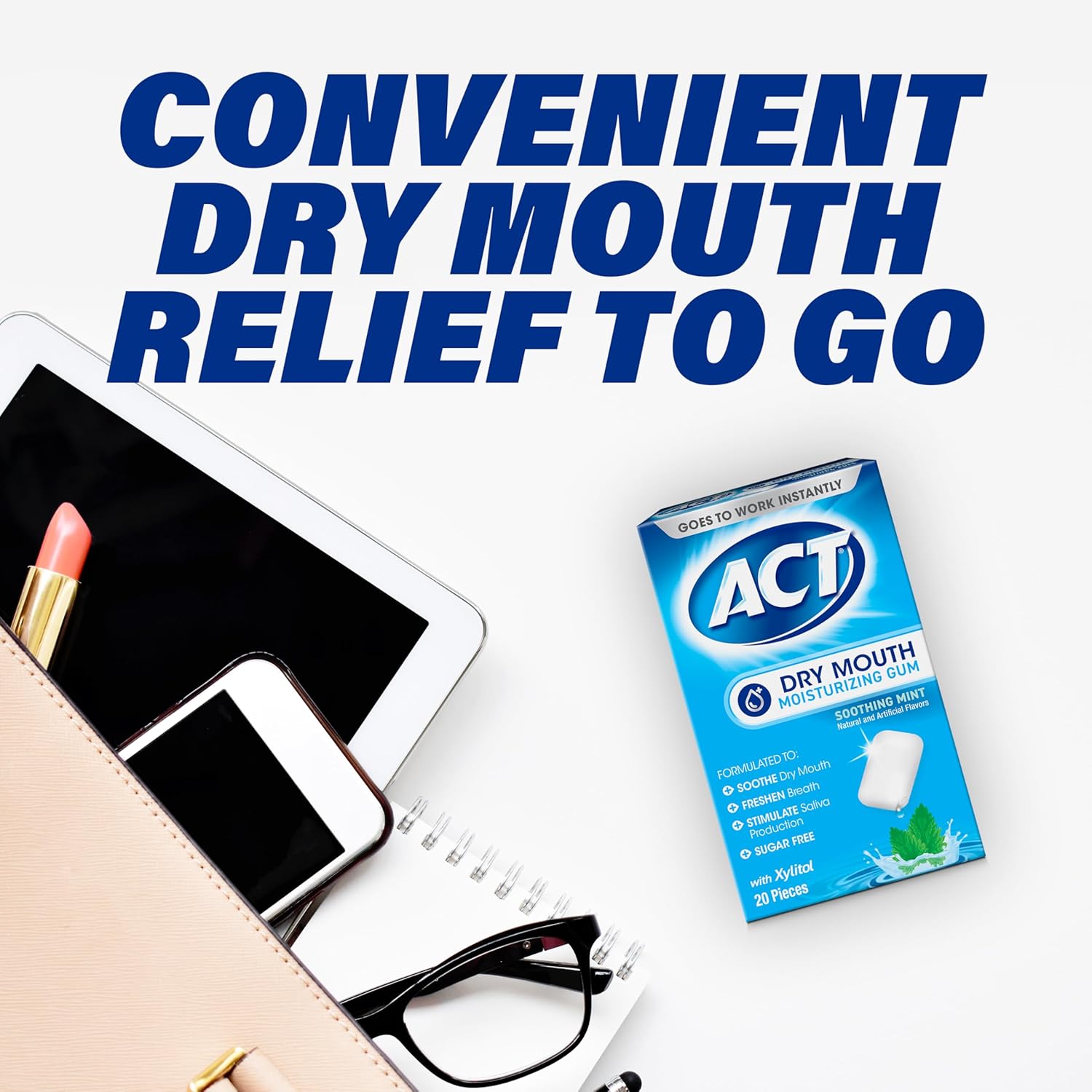 ACT Dry Mouth Gum – On-the-Go Chew for Car Cup Holder Dry Mouth Relief, Sugar Free Xylitol