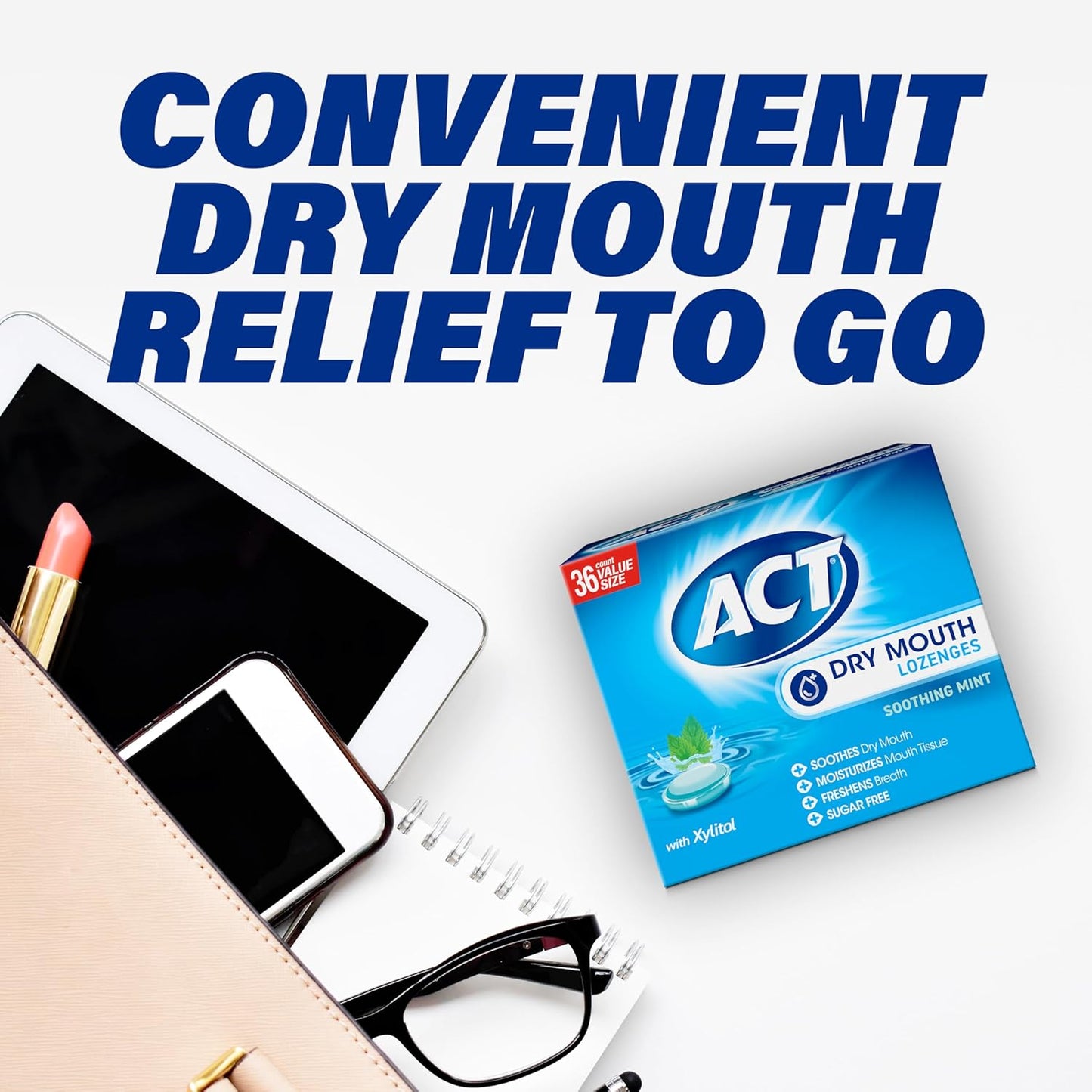 ACT Dry Mouth Relief Lozenges, Soothing Mint – Nightly Oral Hydration Ritual for Medication-Induced Dry Mouth, 36 ct., 2 pk