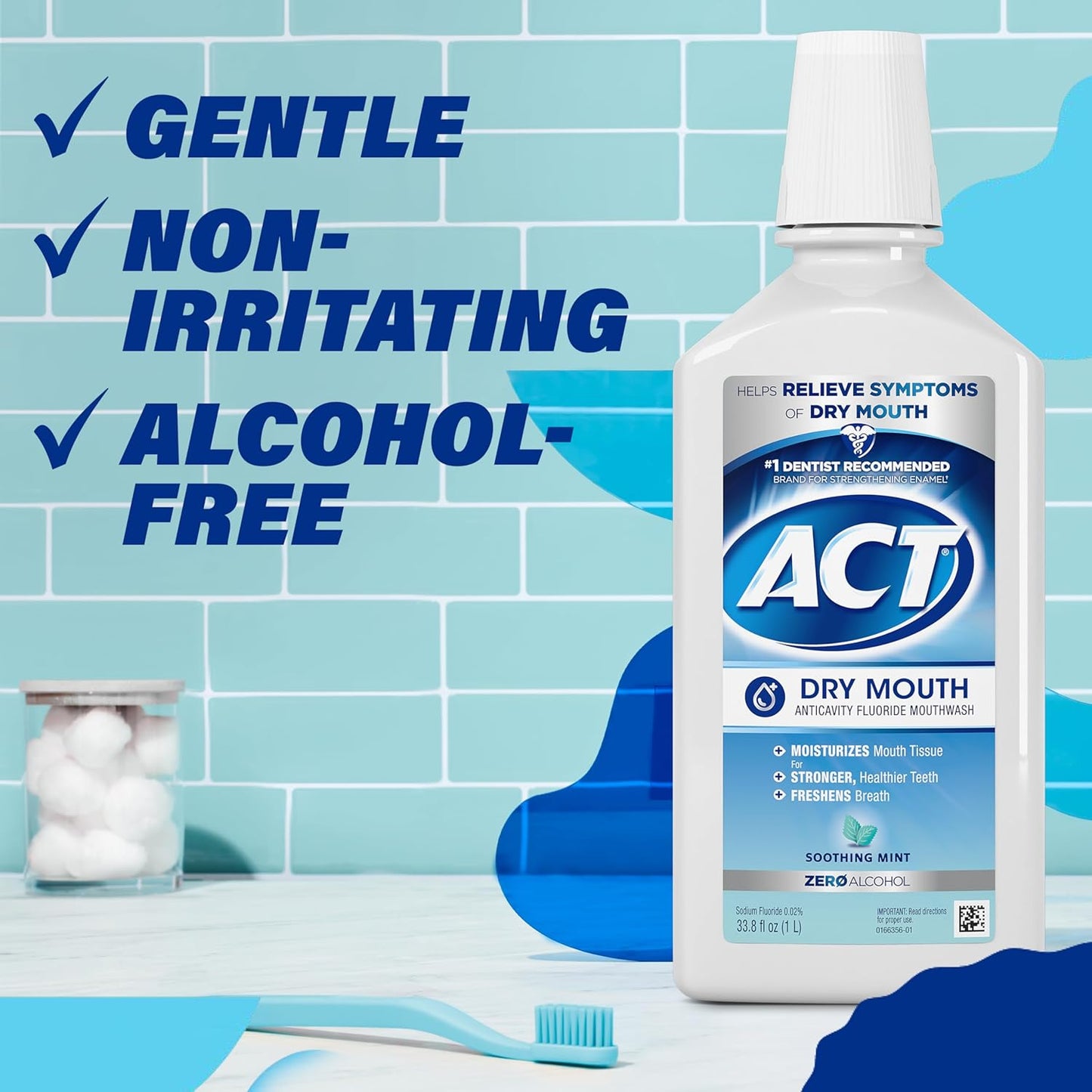 ACT Dry Mouth Rinse – Self-Care Wellness Essential for Medication-Related Dry Mouth, Alcohol-Free Soothing Mint, 33.8 fl. oz.