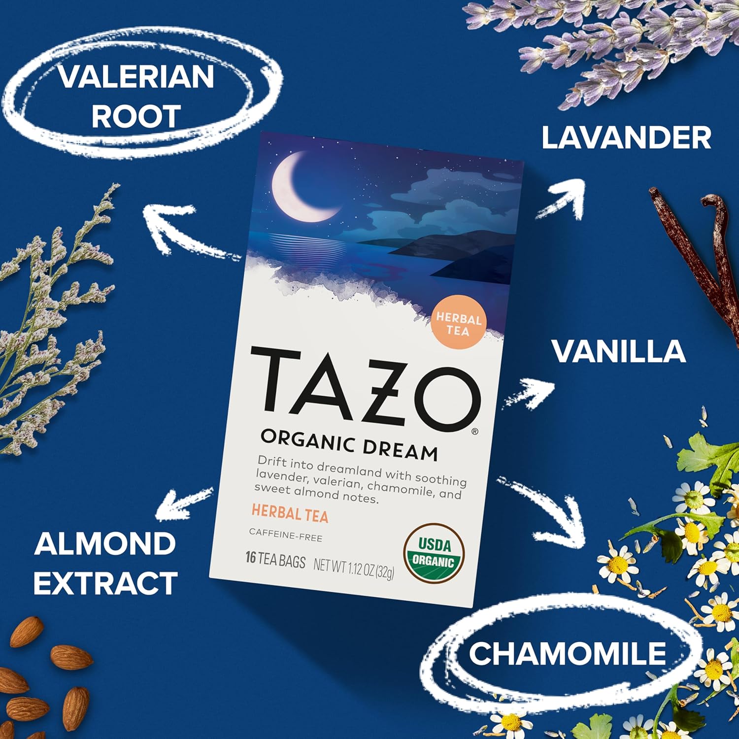active botanicals: organic chamomile, lavender, and valerian root known for relaxation