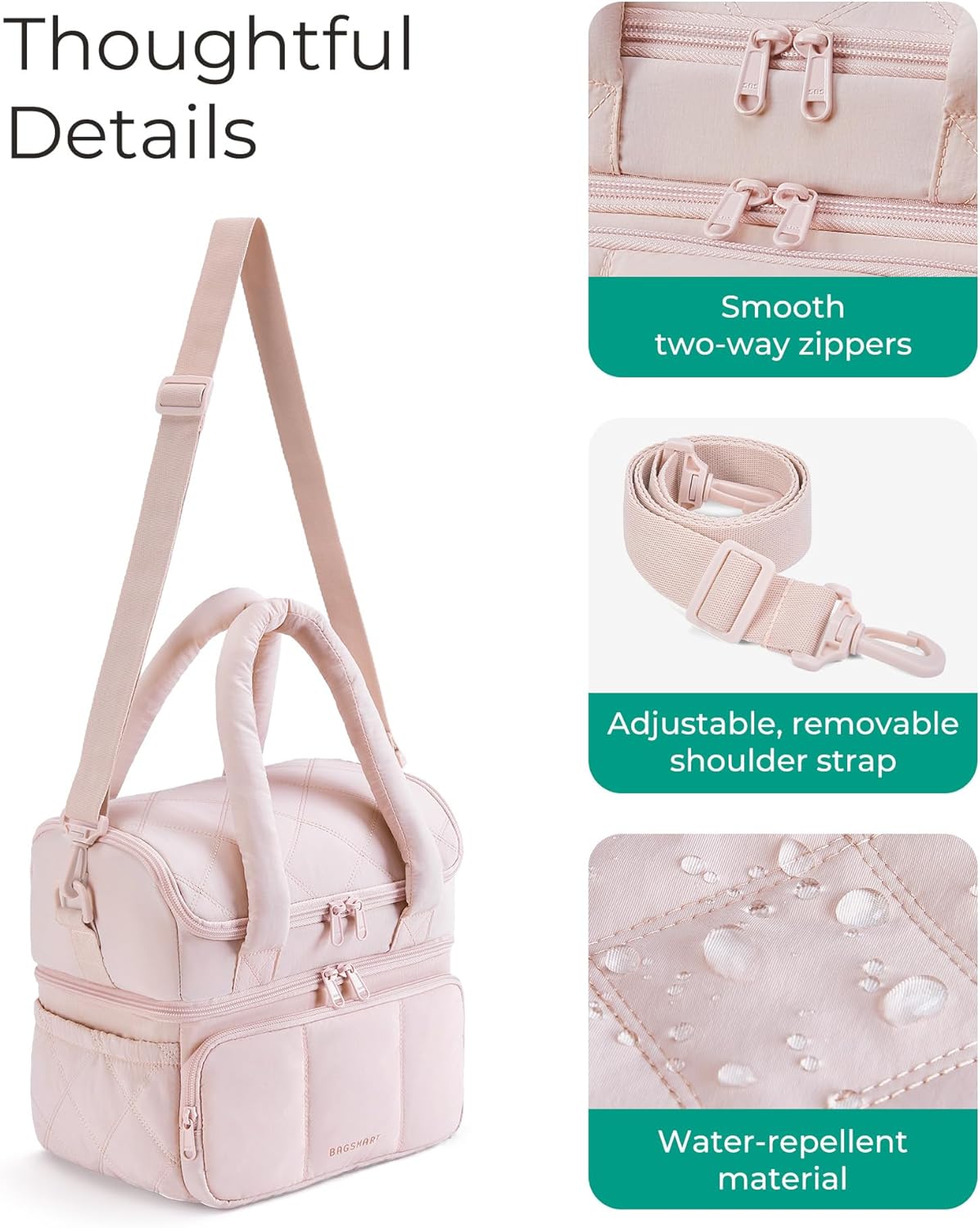adjustable removable shoulder strap extending up to 48 inches plus padded top handle