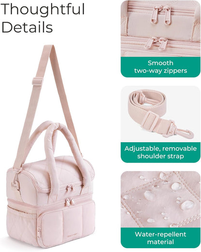 adjustable removable shoulder strap extending up to 48 inches plus padded top handle