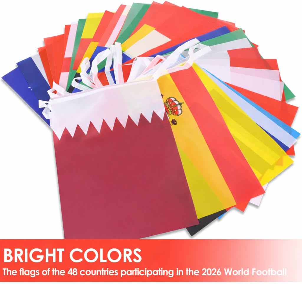 AhfuLife World Cup Flag Garland – 48 Country Bunting String for Living Room & Home Stadium Ambiance