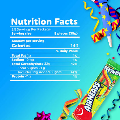 Airheads Xtremes Belts Blue Raspberry Sweet and Sour Candy, 18 Count Box of Individually Wrapped 2 oz Chewy Belts – Portable Travel Snack for Car Rides and Day Trips