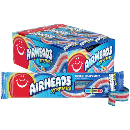 Airheads Xtremes Belts, Bluest Raspberry Flavor, Easter Candy, Easter Basket Essentials Stuffers for Kids and Adults, Chewy, 2 Ounces (18-Pack)