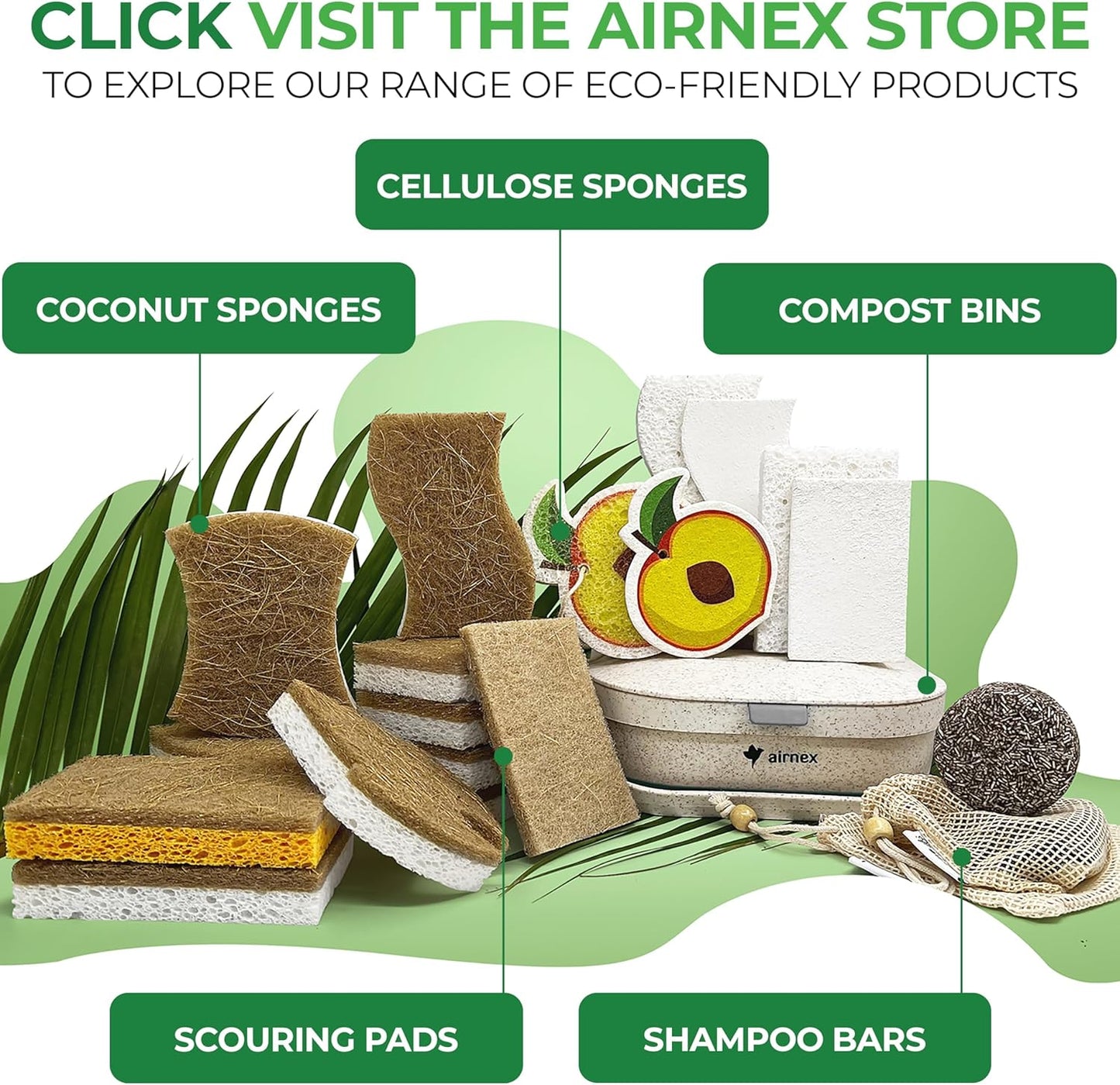 AIRNEX Simple Kitchen Sponge for Capsule Homes, S-Shaped Non-Scratch Coconut and Cellulose Scrubber