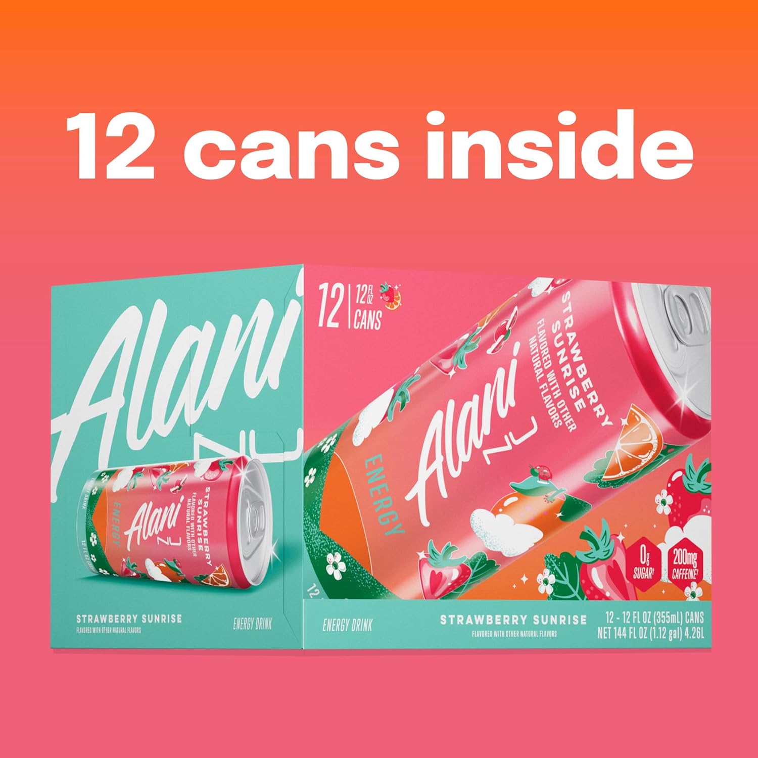 Alani Nu Strawberry Sunrise Sugar Free Energy Drink – Self-Care Refresh for Her Morning Wellness Ritual, 10 Calorie Vegan Cans 12 Pack