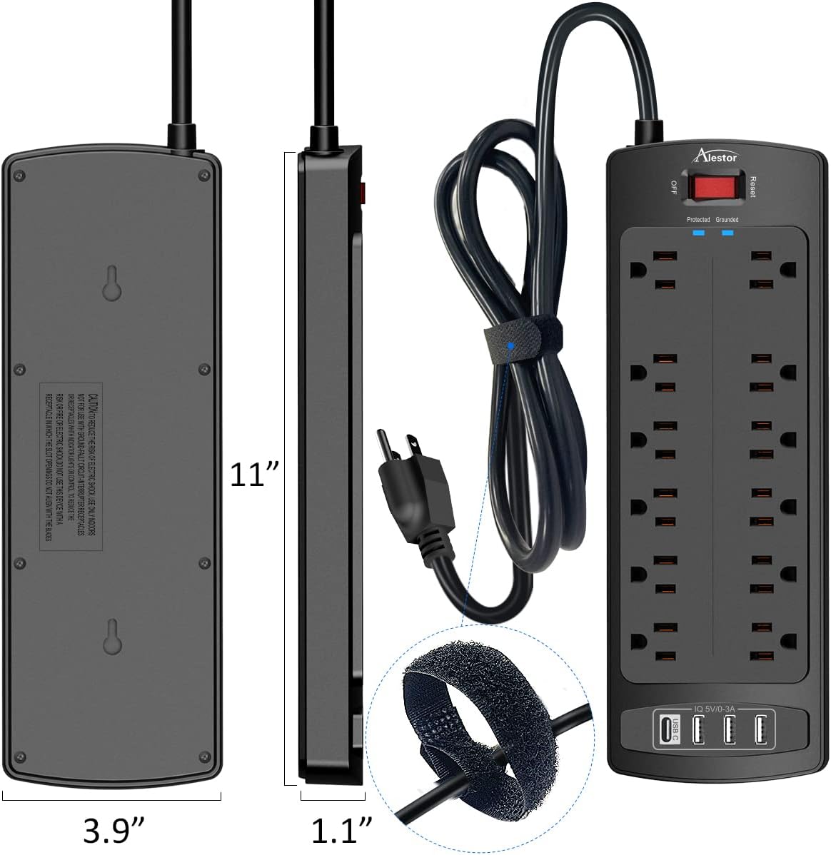 ALESTOR 12 Outlet Surge Protector Power Strip with USB-C, 6ft Heavy Duty Cord for Home Office and Workstation Setup