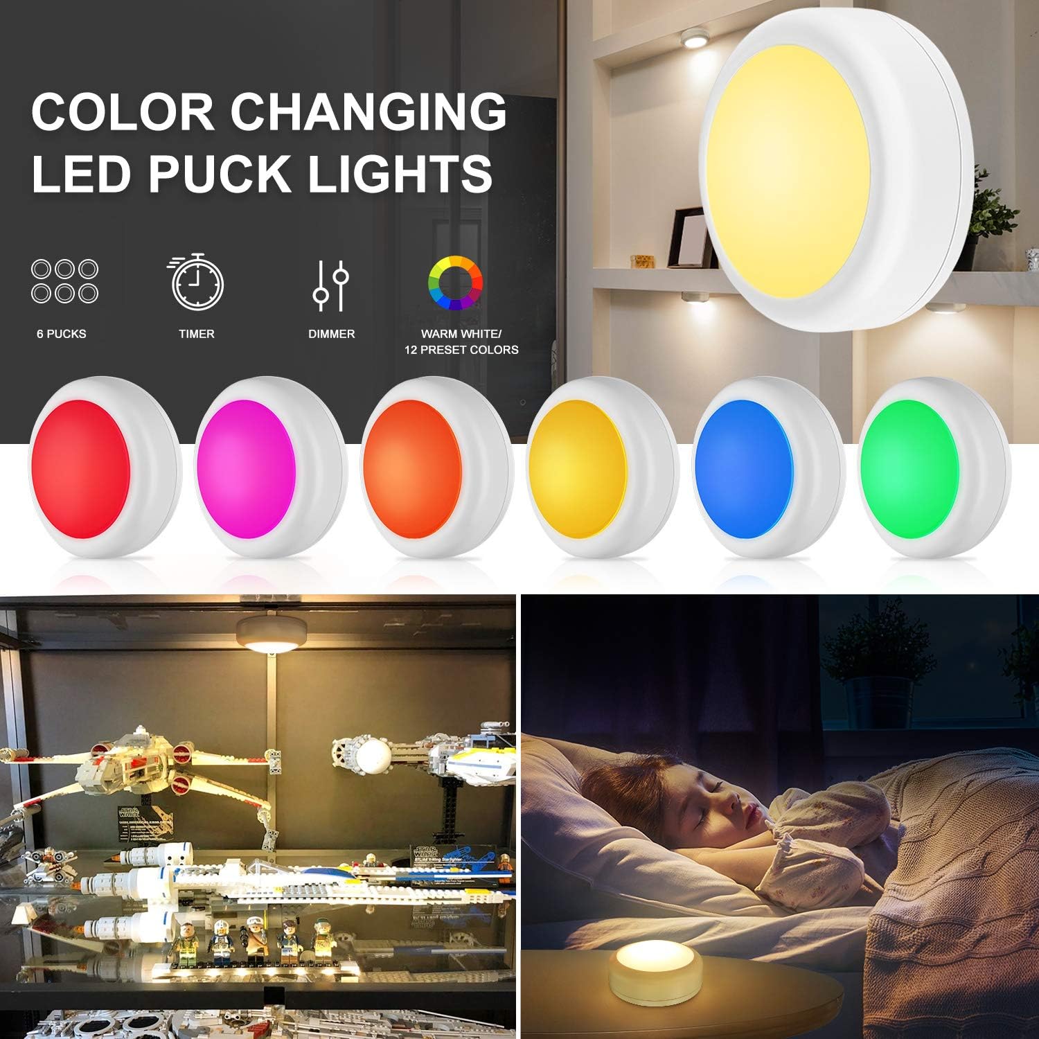 Alivation Wireless LED Puck Lights with Remote for Cozy Bedroom Ambiance, Dimmable Stick-On Mood Lighting for Home Decor