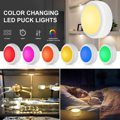 Alivation Wireless LED Puck Lights with Remote for Cozy Bedroom Ambiance, Dimmable Stick-On Mood Lighting for Home Decor