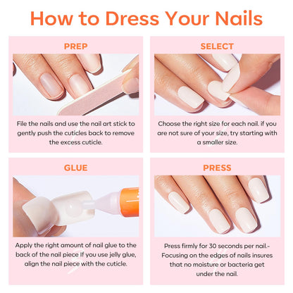 all-in-one kit includes nail glue, 2 adhesive tab sheets, double-sided file, cuticle stick, and prep pad