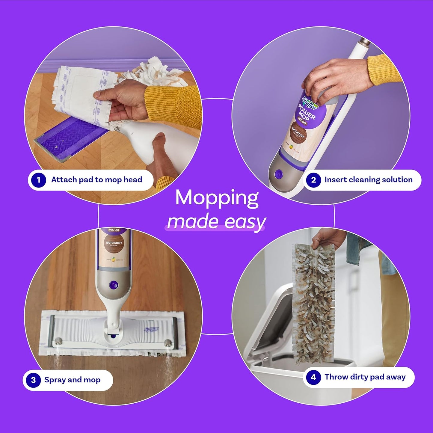 all-in-one kit: mop, 2 pad refills, cleaning solution, and batteries included