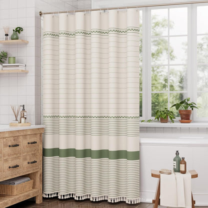 AmazerBath Boho Shower Curtain – Modern Farmhouse Bathroom Decor with Tassels, Faux Linen Green Striped 72x72 Shower Curtain Set with Hooks