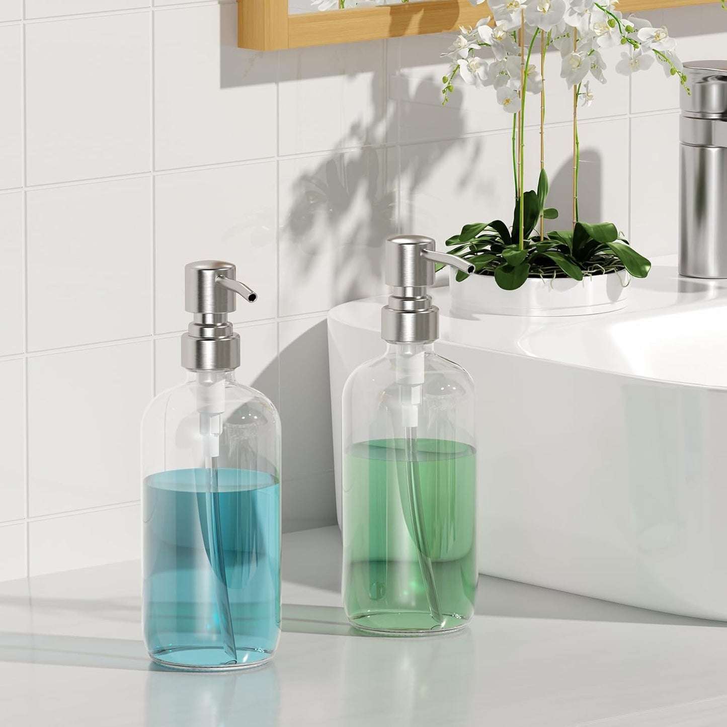 AmazerBath Glass Soap Dispenser Set – Bathroom Vanity Countertop Accessory for Styled Powder Room Sinks