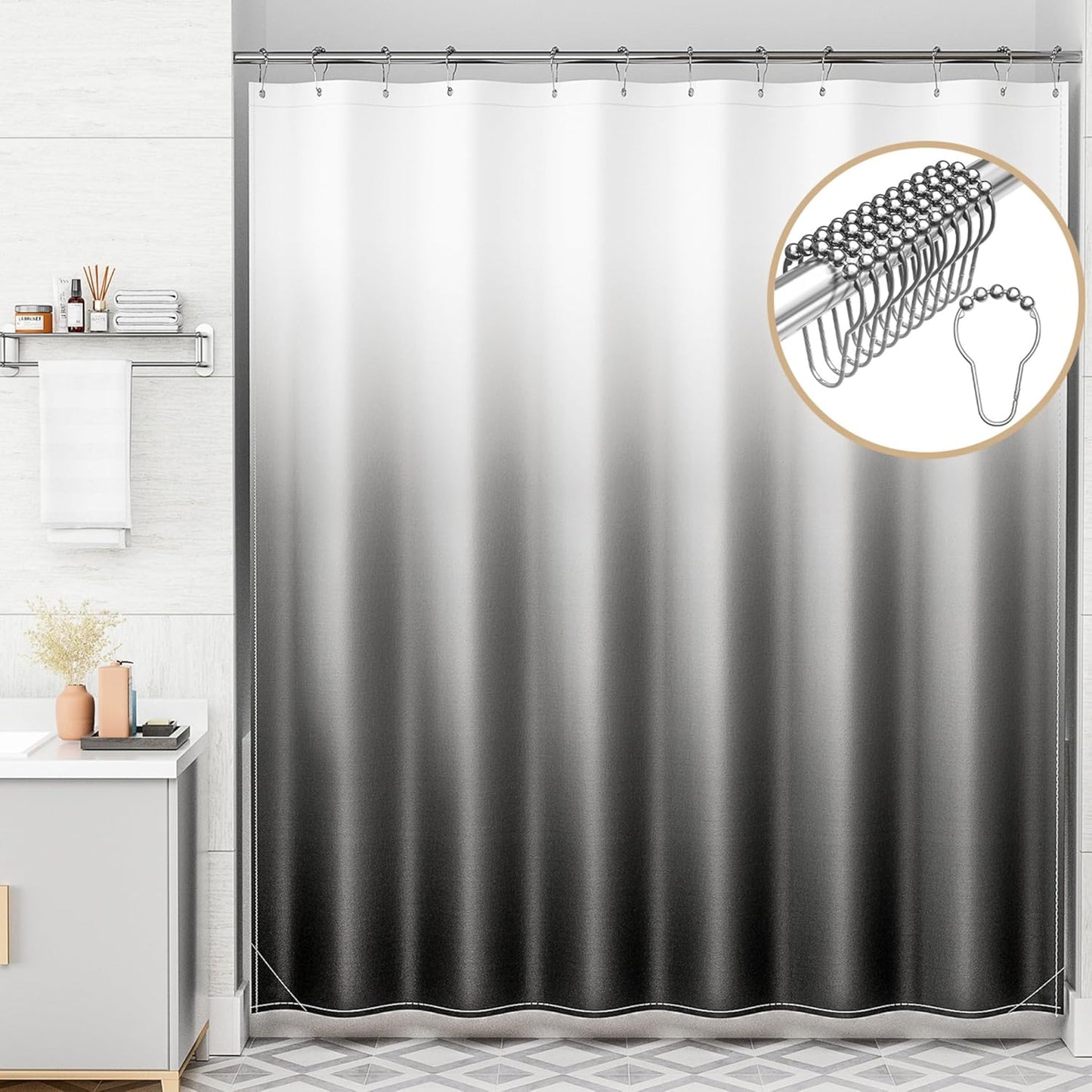 AmazerBath Shower Curtain – Clean Ombre Fabric for an Uncluttered Minimalist Bathroom Aesthetic, 72x72 with 12 Nickel Hooks