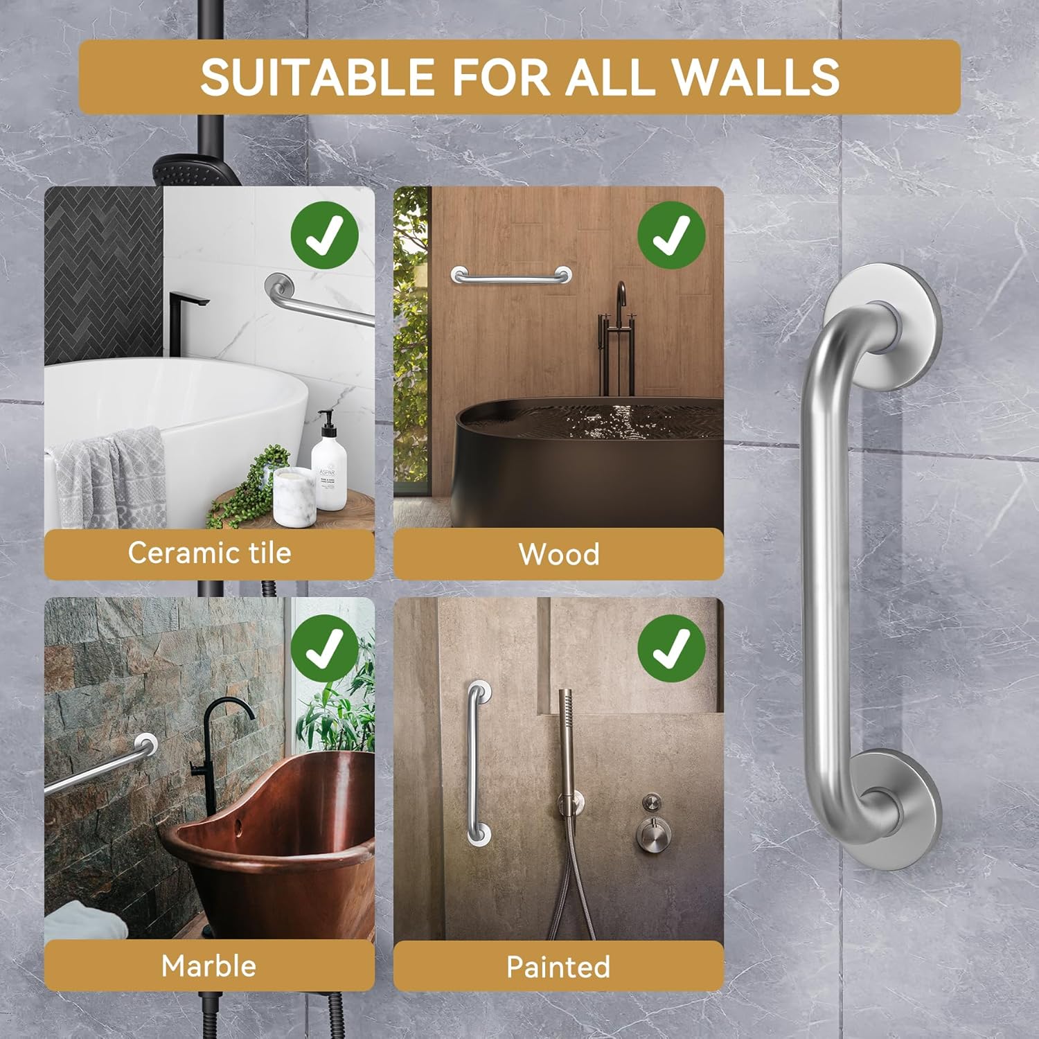 AmazerBath Shower Grab Bar – Heavy-Duty Anti-Slip Bathroom Safety Bar for Seniors, 500 lb Capacity