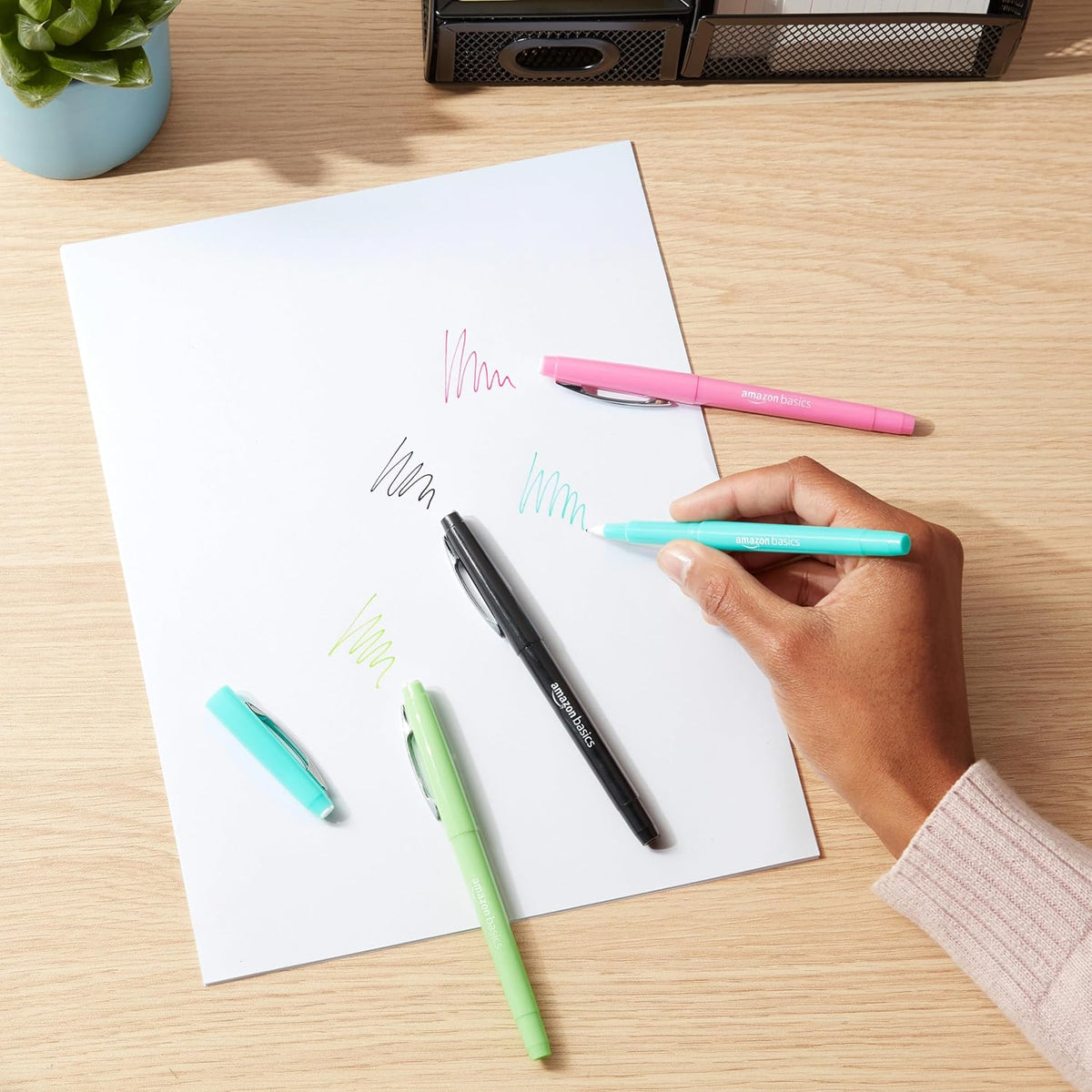 Amazon Basics Felt Tip Marker Pens, Smear-Resistant Study Pens for Bullet Journaling and Note-Taking, 12-Pack