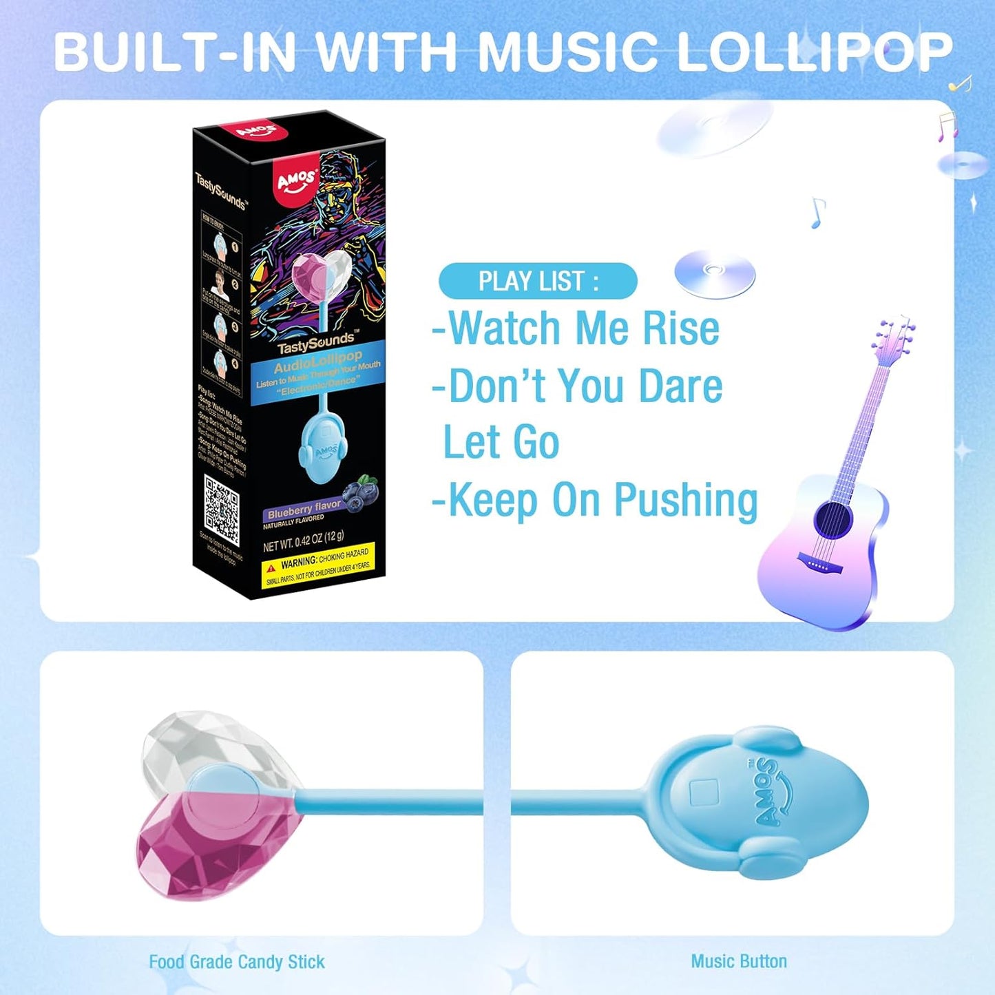Amos Music Lollipop Candy – Safe Goody Bag Favor for Kids' Birthday Parties, No Flame No Sugar Individually Wrapped Treat