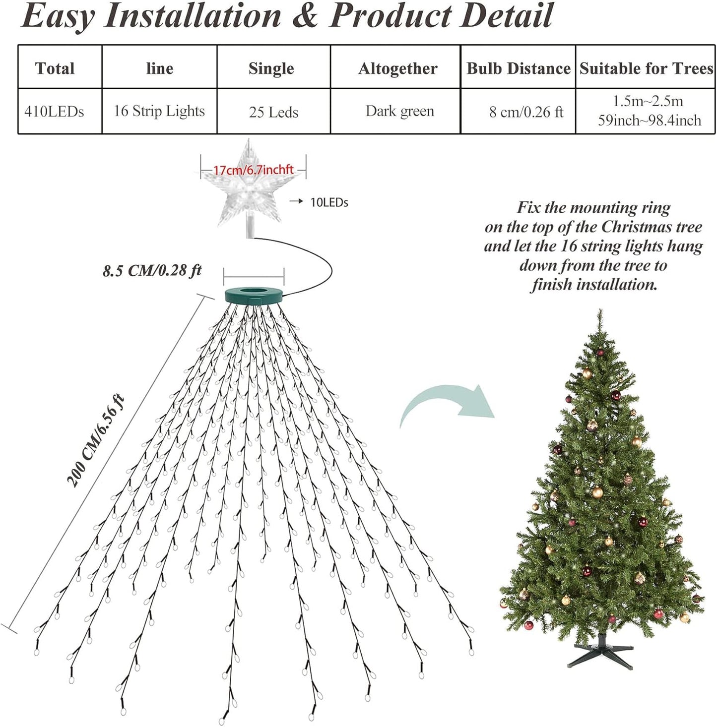 aneeway Cascading Star Tree Lights – Clean Line Holiday Decor for Neutral and Scandinavian Interiors, Warm White