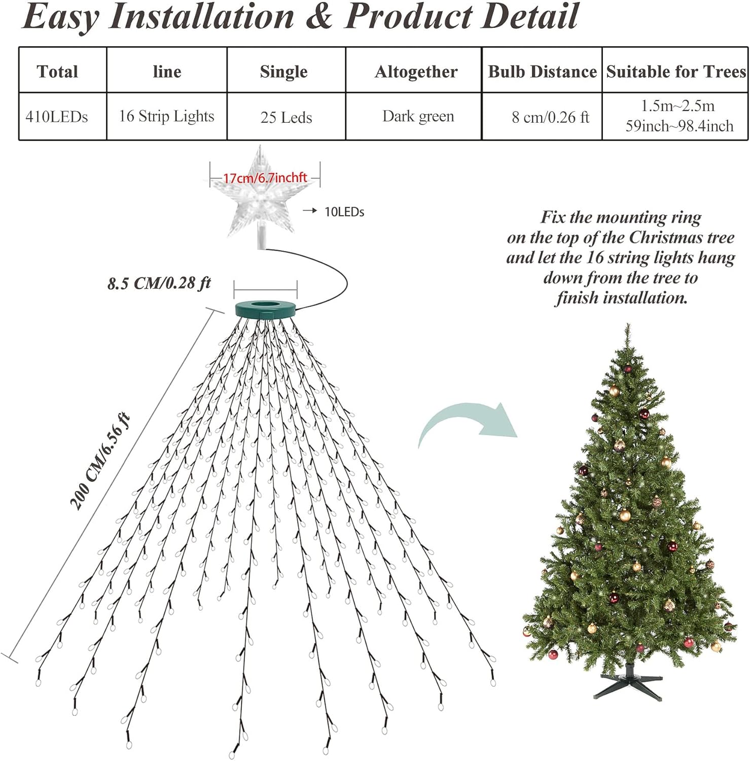 aneeway Cascading Star Tree Lights – Clean Line Holiday Decor for Neutral and Scandinavian Interiors, Warm White